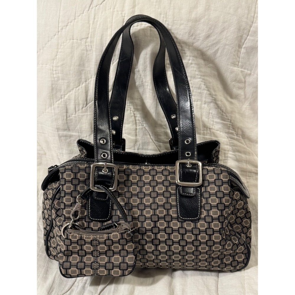 Nine West Geometric Print Satchel Shoulder Bag Black Tan with Coin Pouch Large - Picture 1 of 16